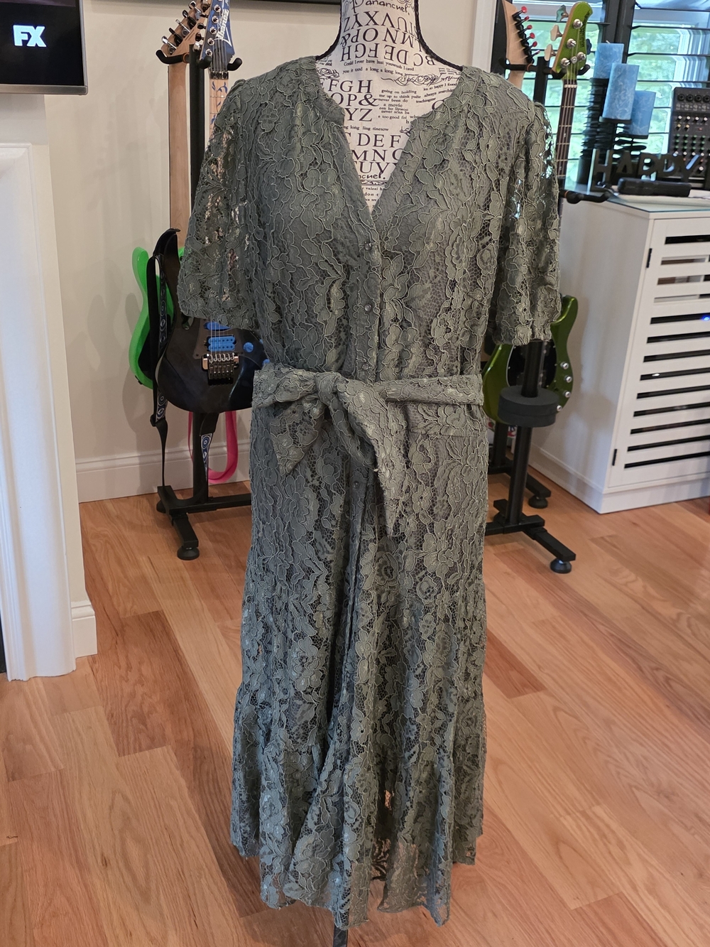 Nannette Olive Green Lace Maxi Dress with Tie Waist